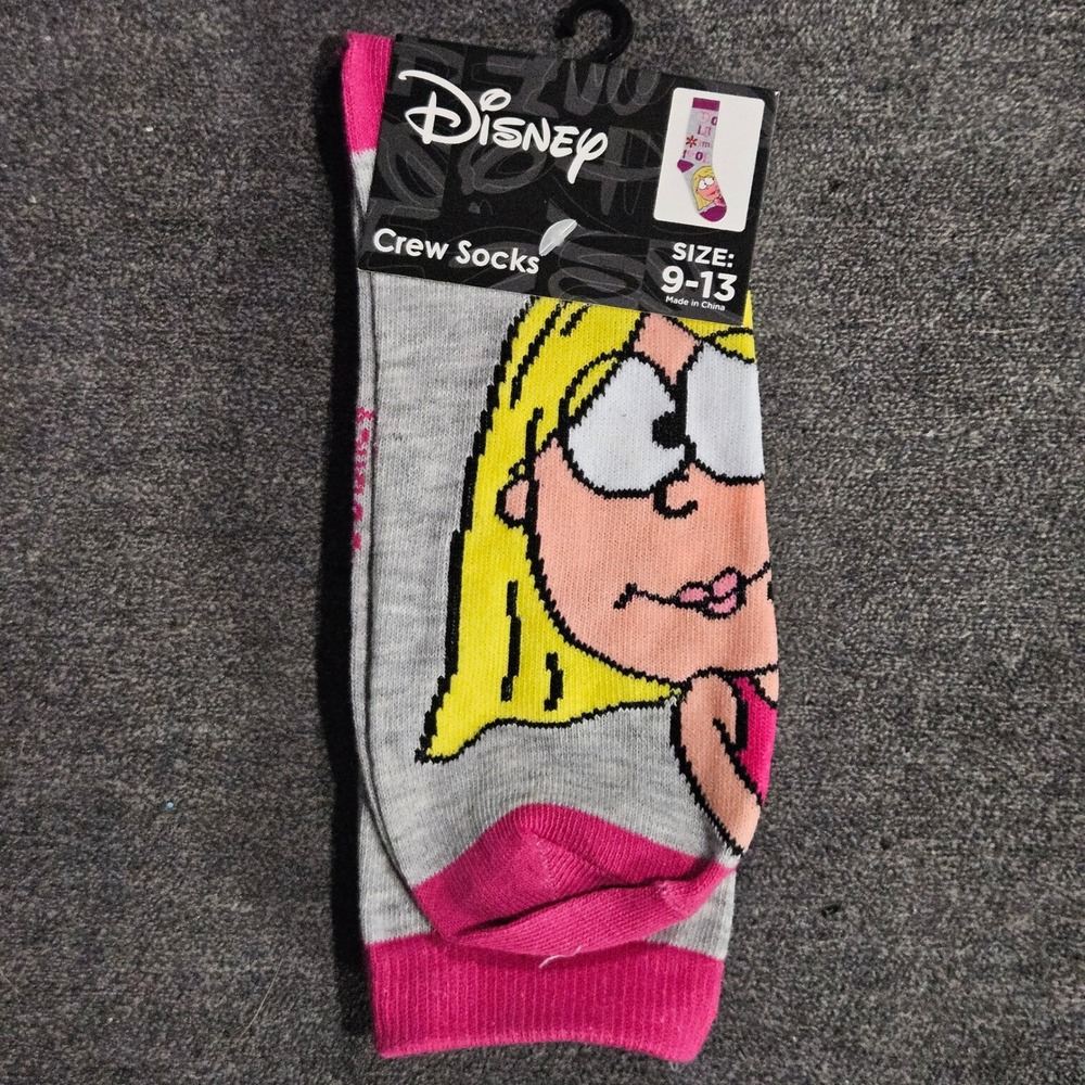 Disney Lizzie McGuire Crew Socks Grey Pink Graphic Y2K Retro Size 9-13 New